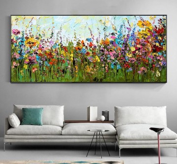 150の主題の芸術作品 Painting - パレットナイフによる自由奔放に生きる花の壁の装飾